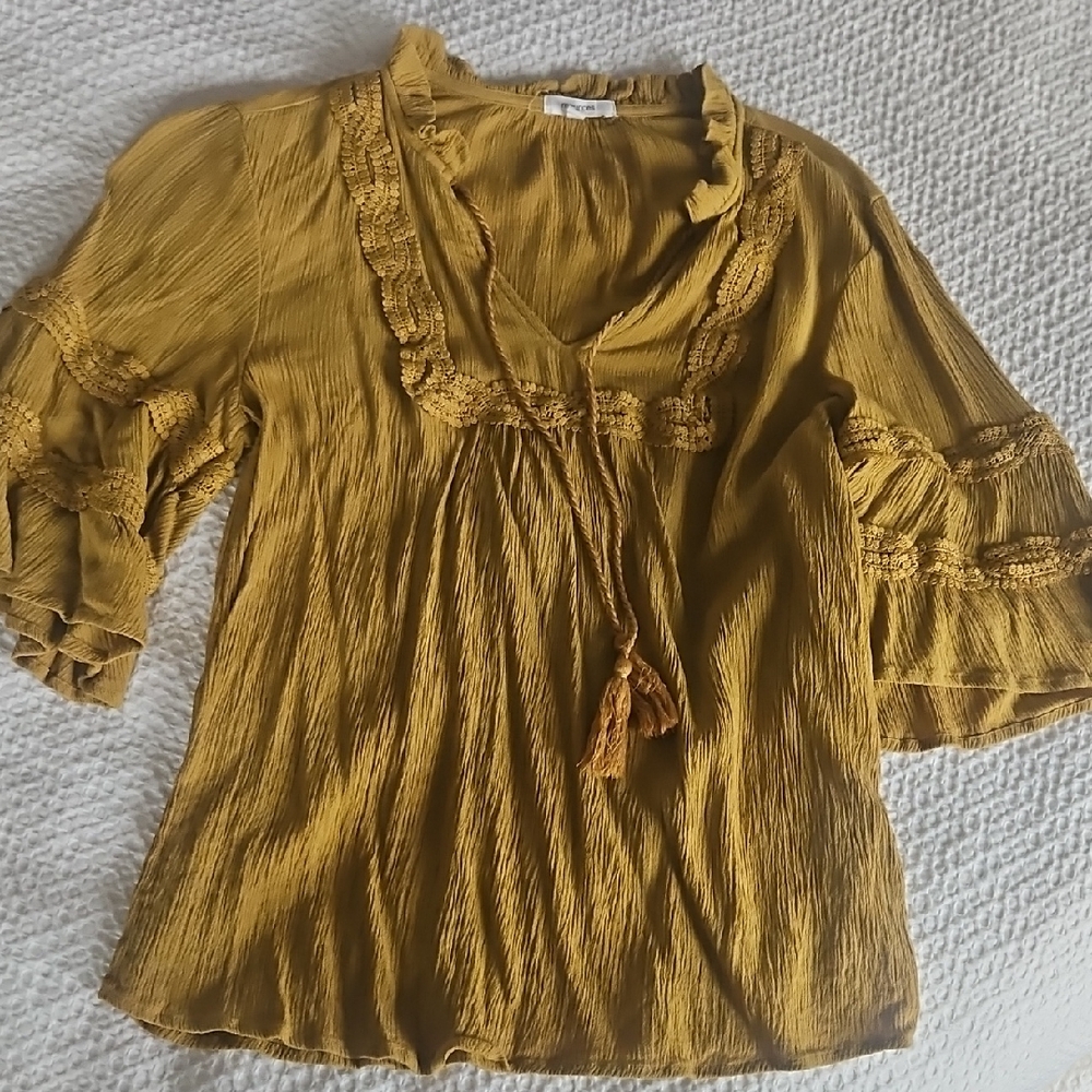 Maurices Mustard Yellow Boho Tassel Peasant Top